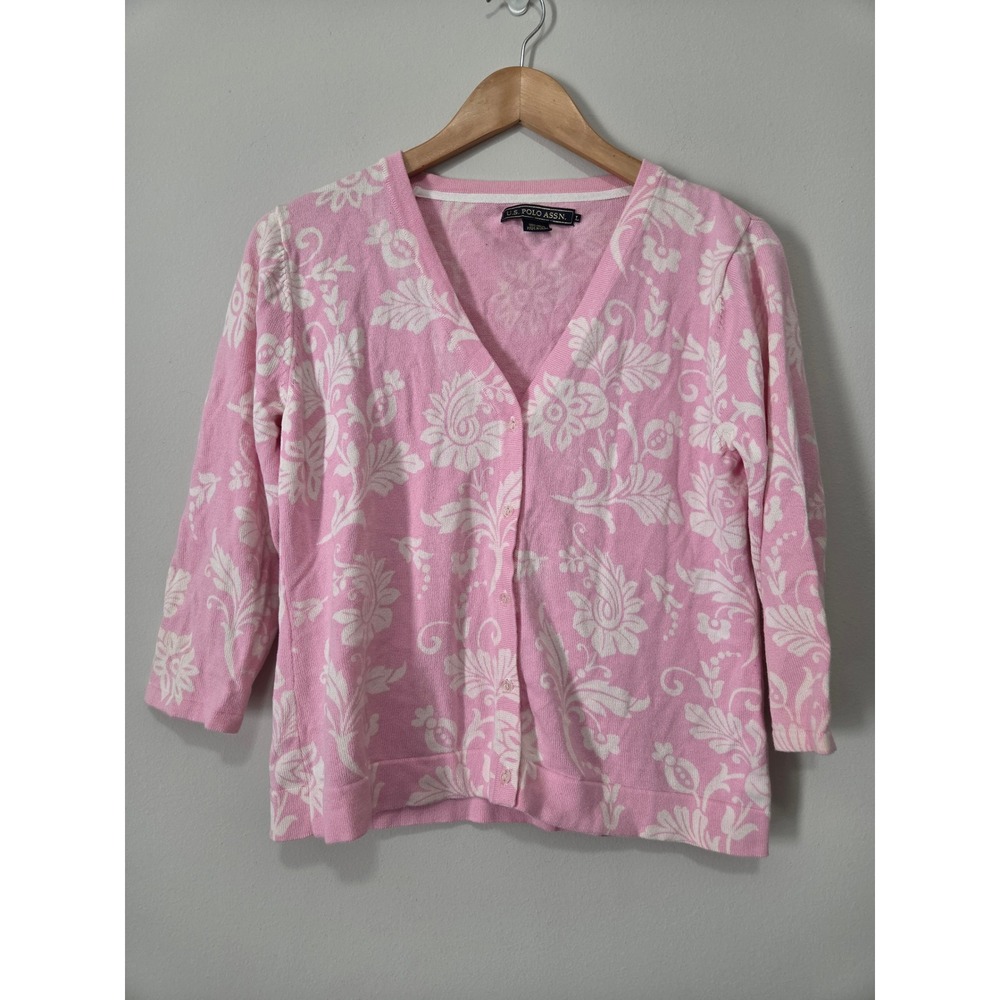 US Polo Assn Womens Pink White Floral Paisley Cotton Cardigan Sweater Size L